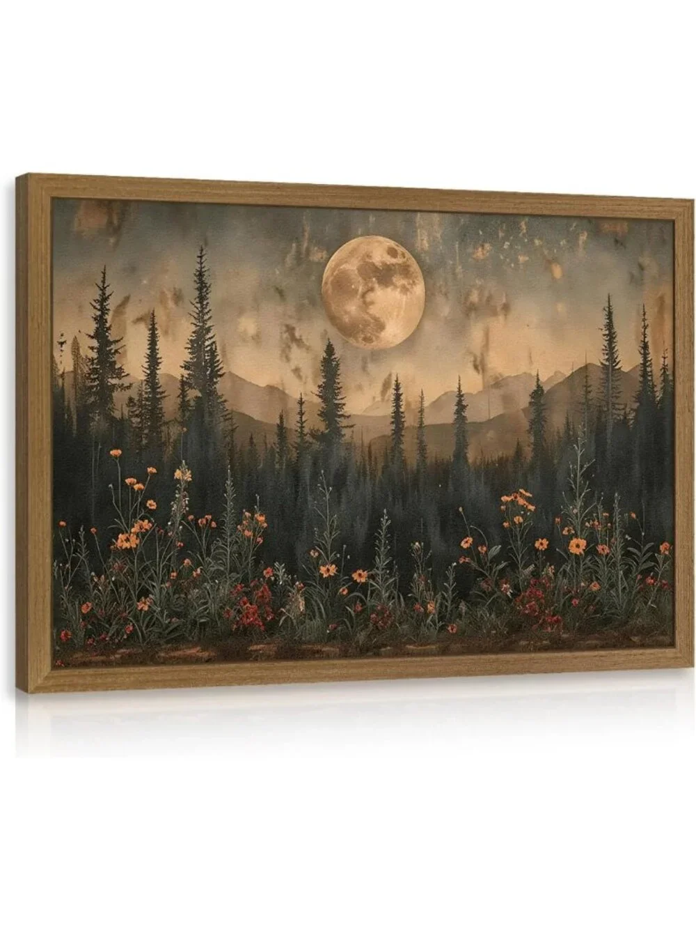 Rustic Forest Landscape Wall Art, Vintage Moon Pine Tree Canvas Print 16x24